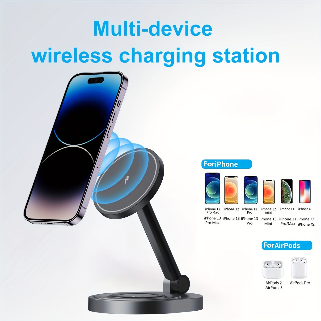 2in1 Fast Magnetic Wireless Charger Stand for iPhone and AirPods, compatible with multiple devices.