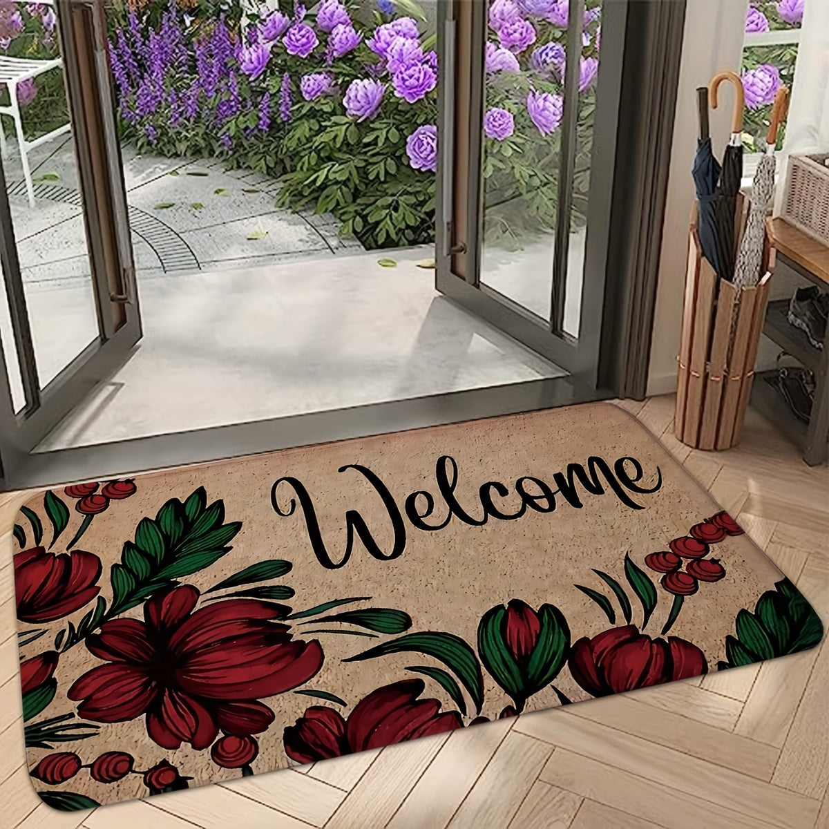 Red Flower Welcome Indoor/Outdoor Door Mat - Machine Washable, Rectangular Shape, Non-Slip Backing, Medium Pile, Made of Polyester