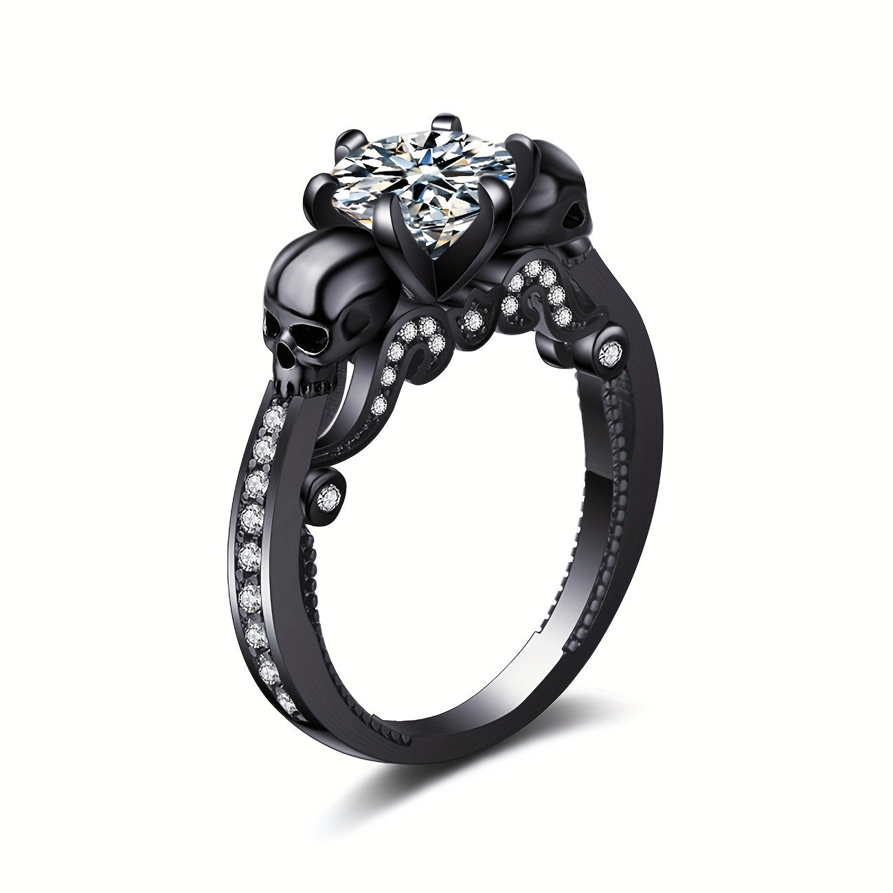 925 Silver Black Gun Plated Ring with Synthetic Moissanite Stone, Skull Design - Perfect for Party and Music Festivals, Great Gift for Halloween and Christmas - Vintage Gothic Style