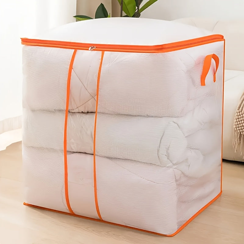 Large capacity transparent PVC storage bag with fixed handles, waterproof and dustproof, ideal for organizing dorm clothes and bedding, as well as providing a practical under-bed storage solution in the bedroom.