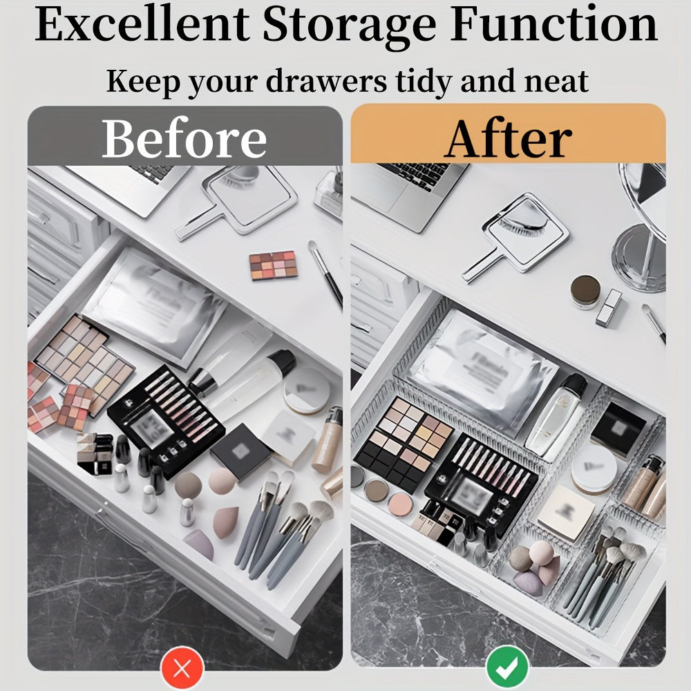 Stackable clear drawer organizer set in 4 sizes for versatile storage of makeup, skincare, stationery, and more. Perfect for bathroom vanity, kitchen, office, and bedroom. Great holiday