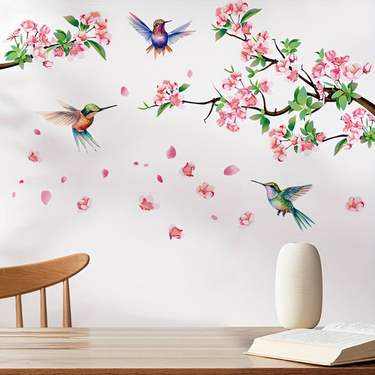 Decorate your bedroom and living room with the beautiful Hummingbird and Cherry Blossom Wall Sticker made of PVC for windows.