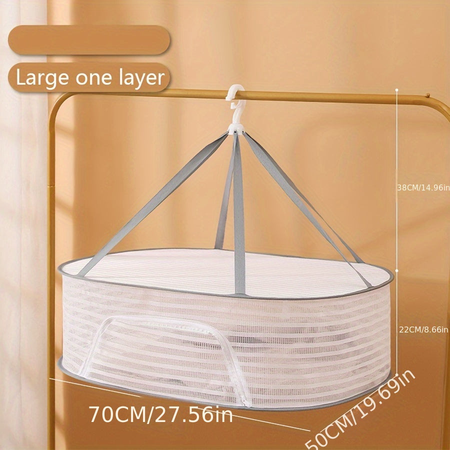 3-Tier Foldable Mesh Drying Rack with Zipper - Multi-functional Hanging Dryer for Laundry, Fish, and More - No Electricity Required, Ideal for Balcony, Clothing Drying, and Organization purposes.