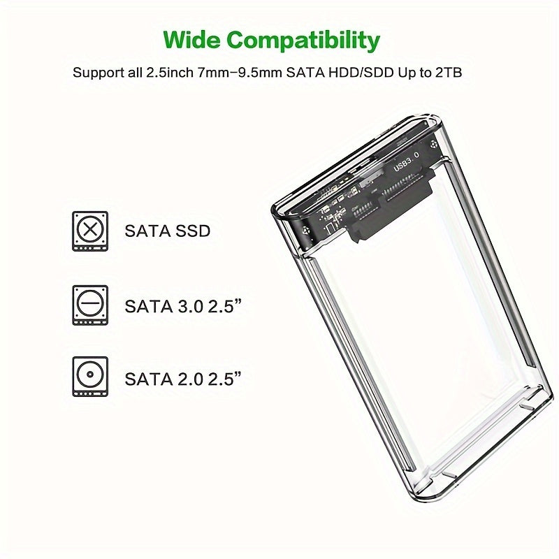 Transparent USB 3.0 external hard drive enclosure with cable, SATA to USB 3.0 UASP, 5Gbps transfer speed, tool-free installation, portable HDD case for PC & laptop, clear mobile storage