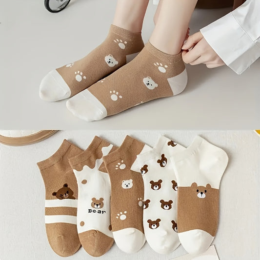 5 cute bear design ankle socks for women. Made of soft polyester and spandex blend, lightweight and cute for casual wear.