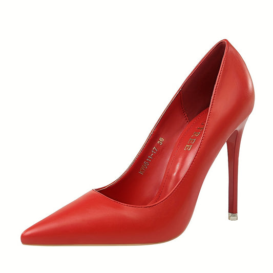 Women's elegant stiletto heels in solid color with point toe, slip-on design for parties.