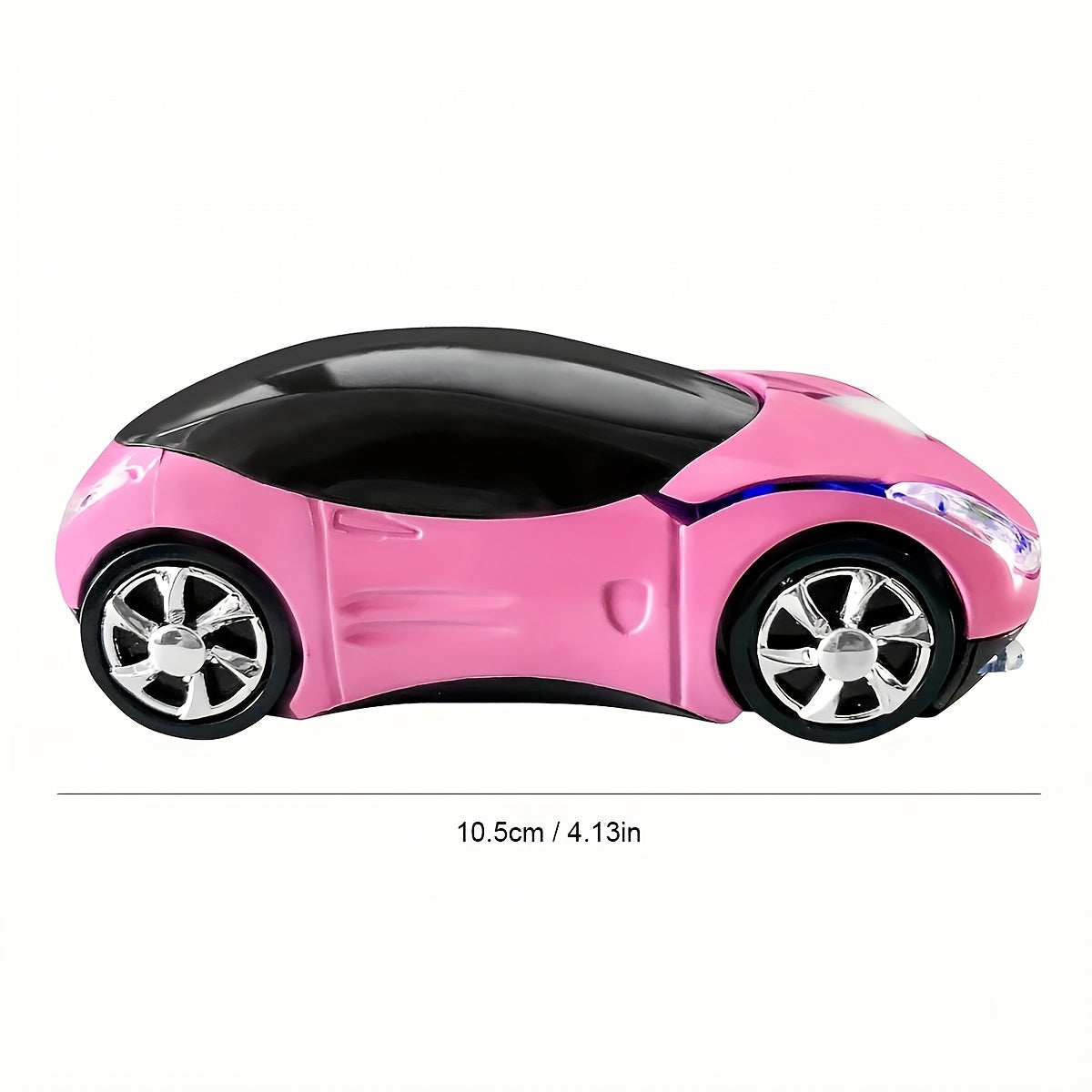 Wireless car-shaped gaming mouse with USB 2.4G receiver, silent ergonomic design, adjustable wrist support, pink with black wheels, battery powered, non-rechargeable.