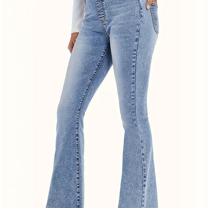 Women's high-waisted flare jeans in light wash blue, made of 65% cotton and 35% polyester blend. Features an elastic waistband, slant pockets, and smooth fabric. Suitable for casual or