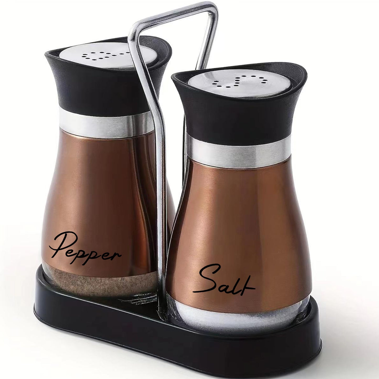 Salt and pepper shakers set with stainless steel bracket and electroplated handle, perfect for table, RV, camp, or BBQ.