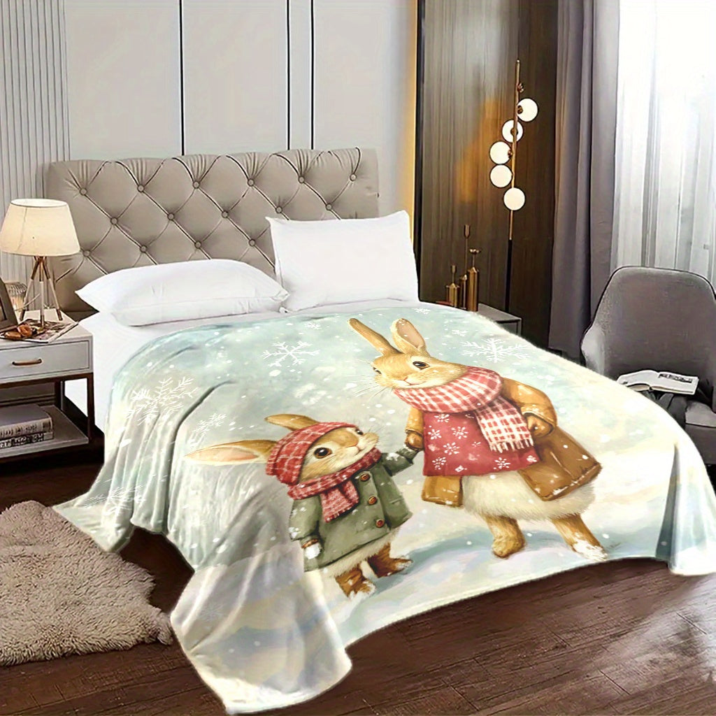 Stay warm and cozy in any season with this adorable rabbit-themed fleece throw blanket. Its soft and lightweight design makes it perfect for naps, travel, or adding a touch of charm to your home office decor. It also makes an ideal gift for friends and