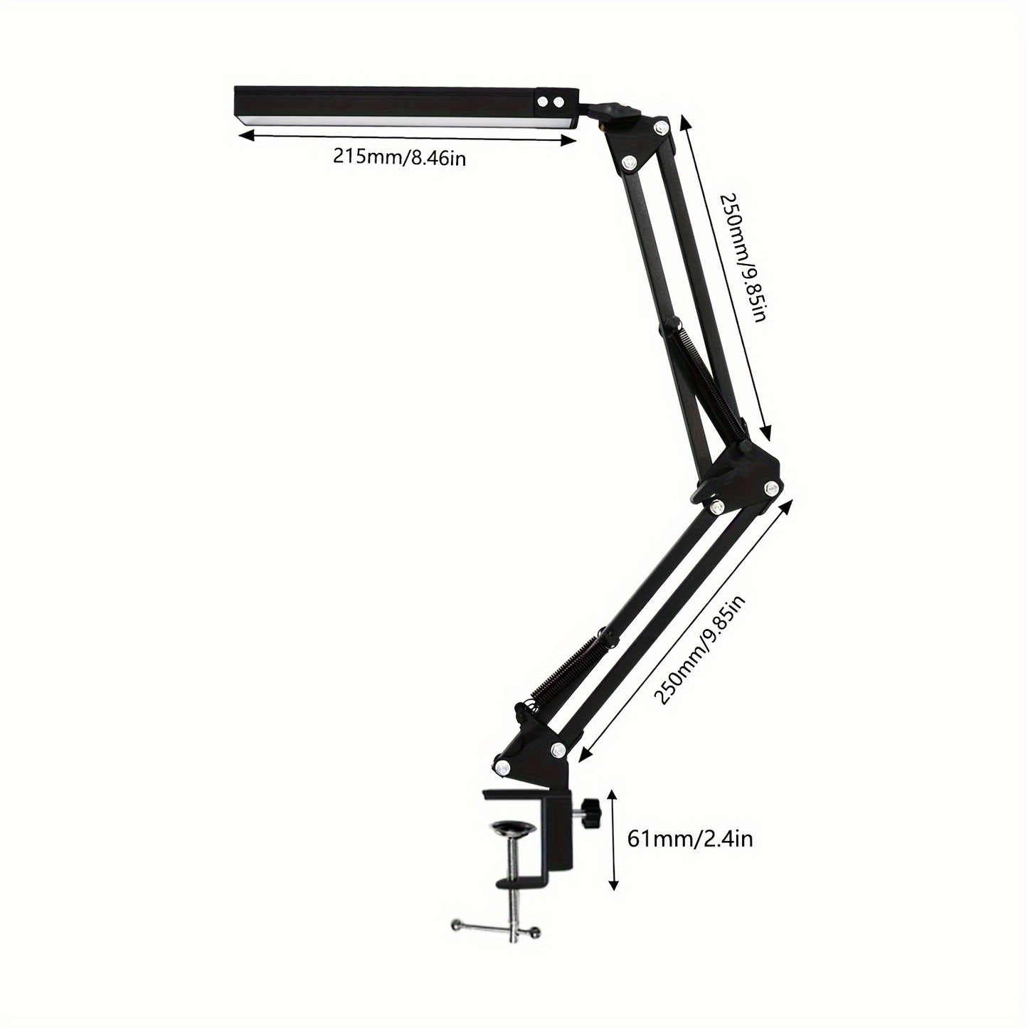 Adjustable LED desk lamp with clip-on base, USB powered, 3 color temperatures & 10 brightness levels. Modern swing arm design for office, reading, and study.