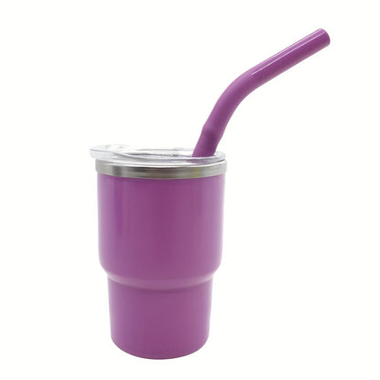 A 3oz car cup pack containing an outer plastic and inner steel construction, with a stainless steel stretch liner and a silicone sleeve straw.