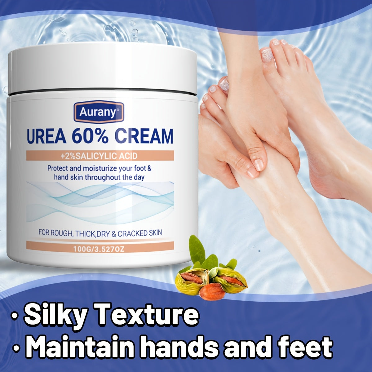 Two pieces of Urea Cream 60% with 2% Salicylic Acid, suitable for dry skin on feet, knees, and elbows. Moisturizes and protects foot skin all day. 100g.