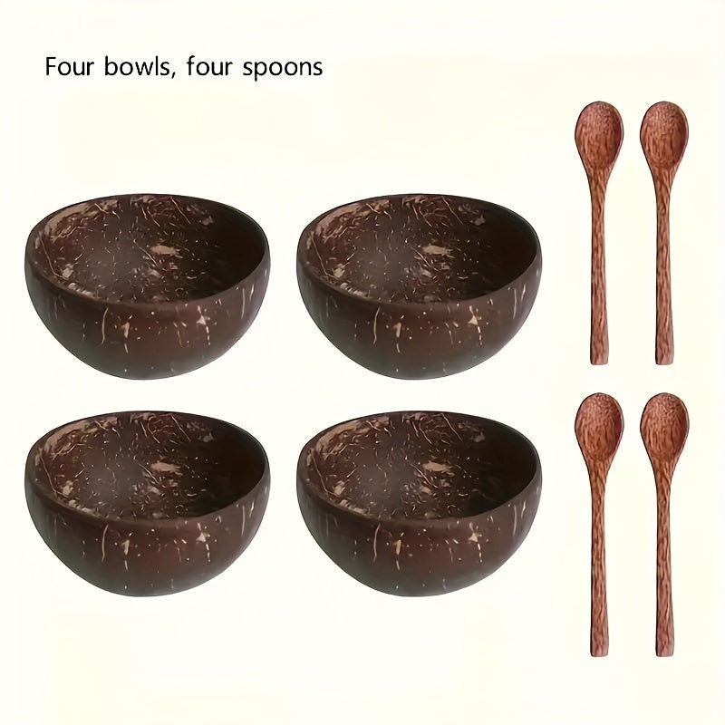 one set of 4: two coconut bowls, two wooden spoons, ideal for healthy vegetarian salads and ice cream, made from natural coconut.