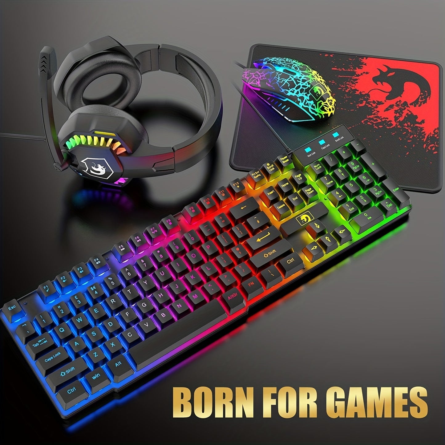 Black Wired Gaming Keyboard and Mouse Headset Combo with Rainbow LED Backlit Keyboard, Over Ear Headphone with Mic, Rainbow Backlit Gaming Mice, Mouse Pad for PC, Laptop, Mac, PS4, Xbox.