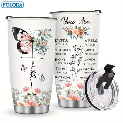 Christian gifts for women, including butterfly-themed tumblers and travel mugs, perfect for Christmas or birthdays.