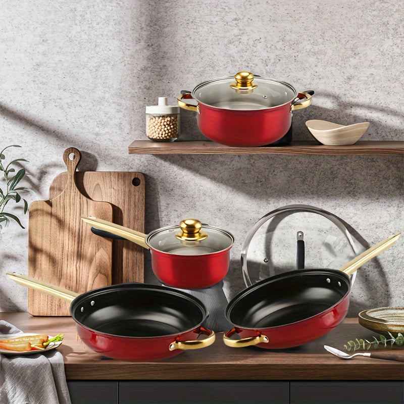 Durable 12-piece Aluminum Cookware Set in Red with Non-Stick Pots and Pans, Stainless Steel Kitchen Essentials