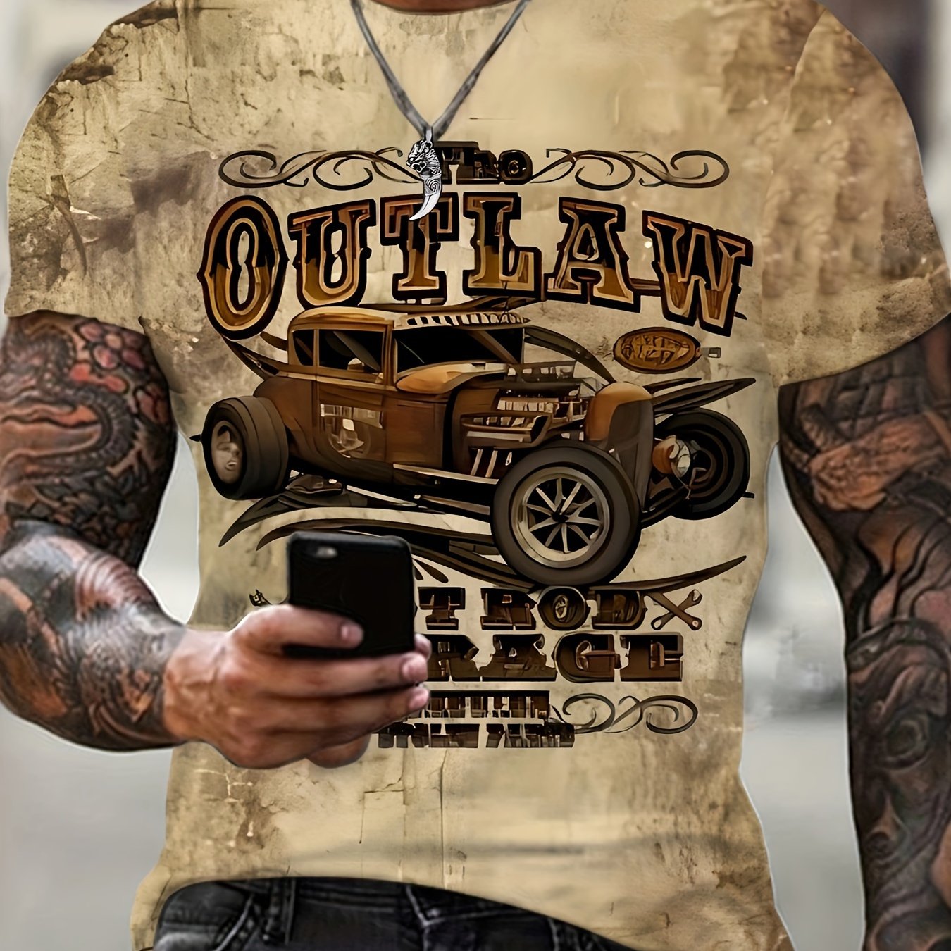 Plus size men's tee with vintage car print, retro style.