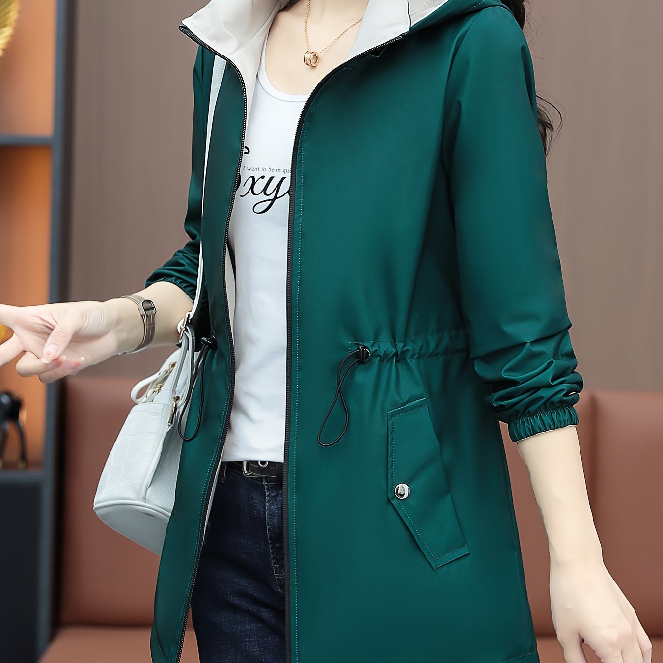 Women's Casual Zip-up Hoodie Windbreaker Jacket with Drawstring Waist, perfect for Spring & Fall.