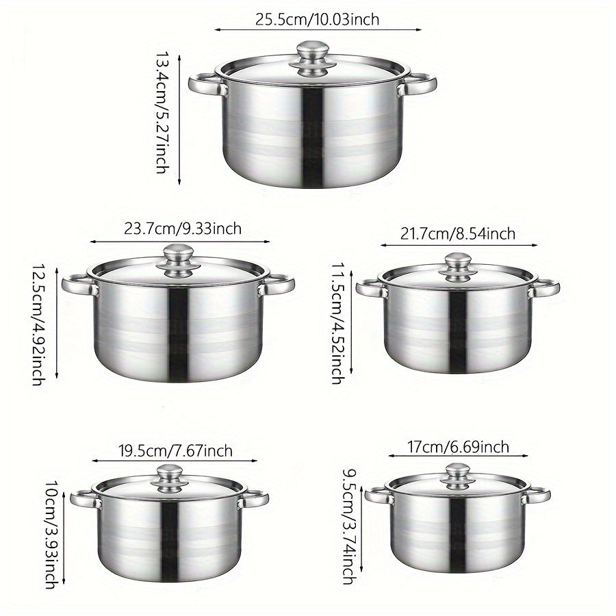 This set includes 10 stainless steel pots with sizes ranging from 16.99cm to 25.5cm. Each pot comes with a lid and is designed for use with both induction cookers and gas stoves. The pots feature double handles and deep lids, making them ideal for