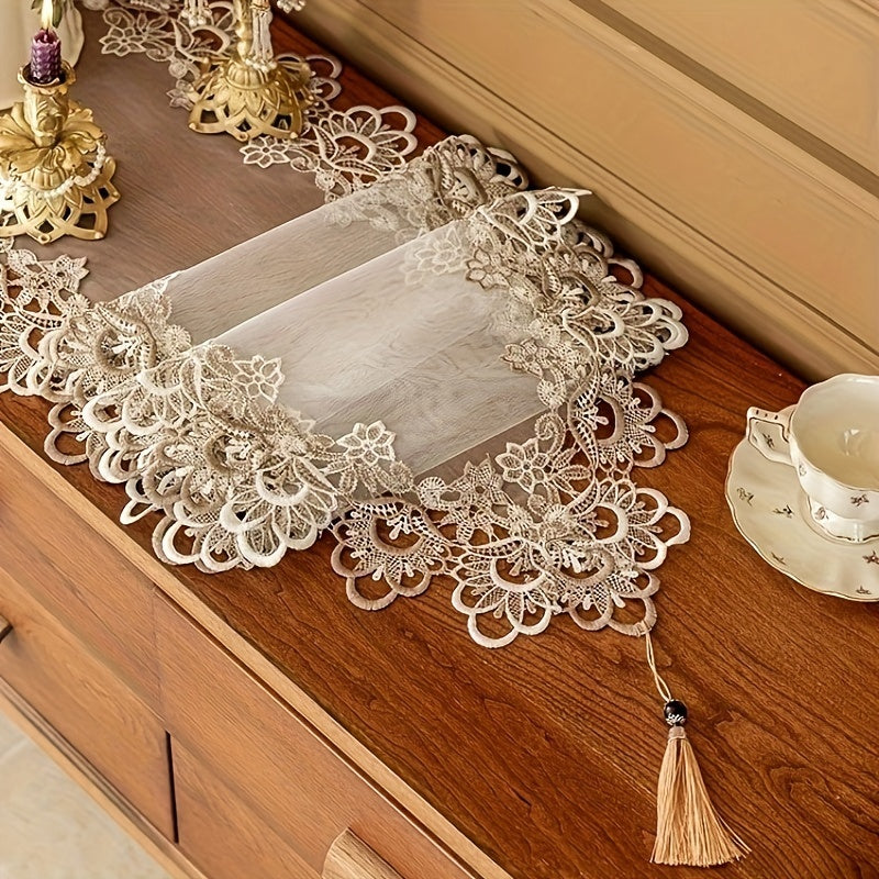 Polyester square table runner with floral lace edging, ideal for dining rooms, coffee tables, parties, and gatherings.