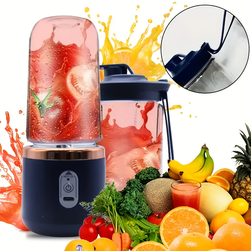 Portable USB rechargeable blender with 6-blade system, detachable food-grade ABS cup, push-button control, and long-lasting 1500mAh lithium battery - perfect for smoothies, shakes, and children's meals. Travel-friendly design includes a lid and is