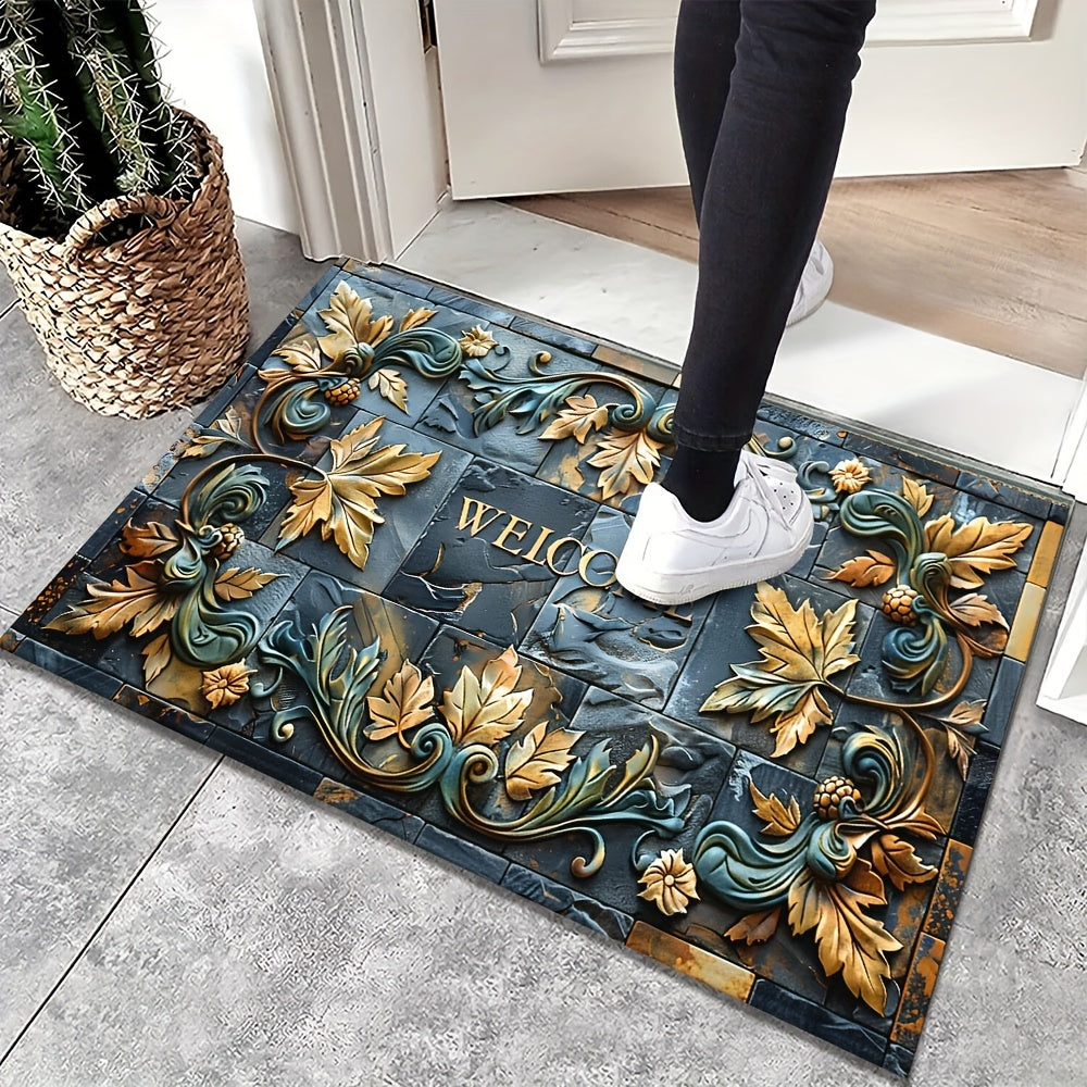 Introducing the 3D Realistic Stone Pattern Mat with Plant Relief, crafted with a 6mm thick layer of 100% polyester material. This luxurious mat boasts a plastic dot bottom and finely locked edges, weighing 800 grams per square meter. Its slip-resistant