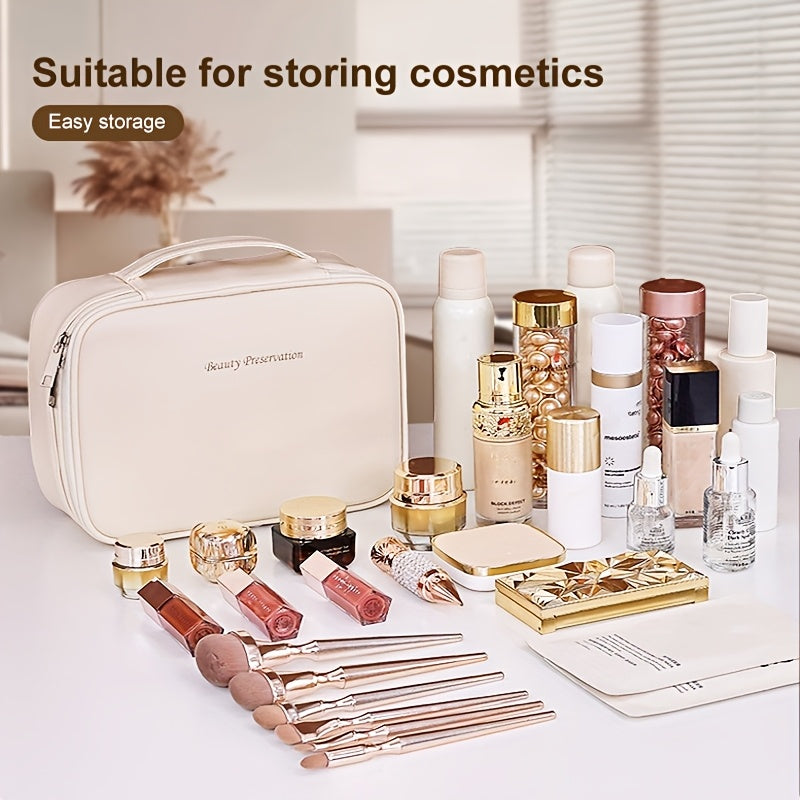 Spacious multi-layer PU cosmetic bag with brush holder, portable storage for beauty essentials, perfect gift for couples.