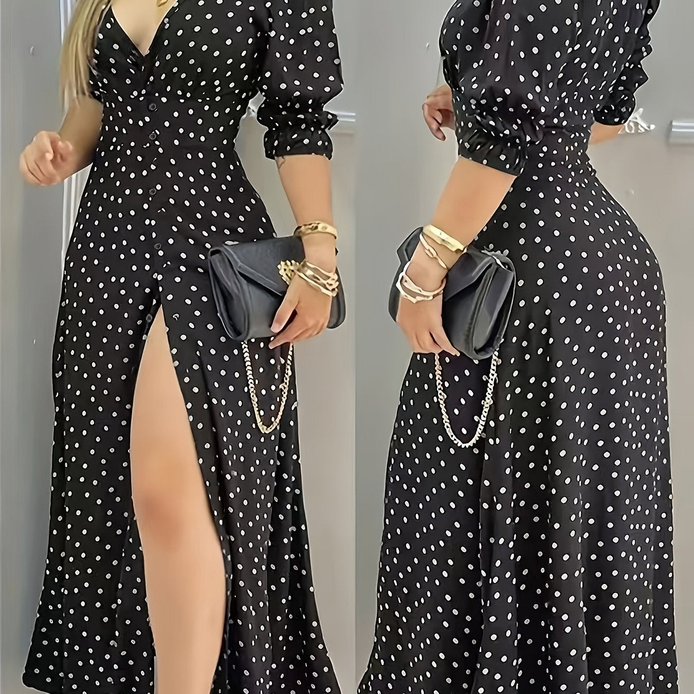 Everyday Comfort: Elegant V-Neck Polka Dot Maxi Dress for Women with High Slit and Fitted Polyester Material, Perfect for Spring/Summer/Fall.