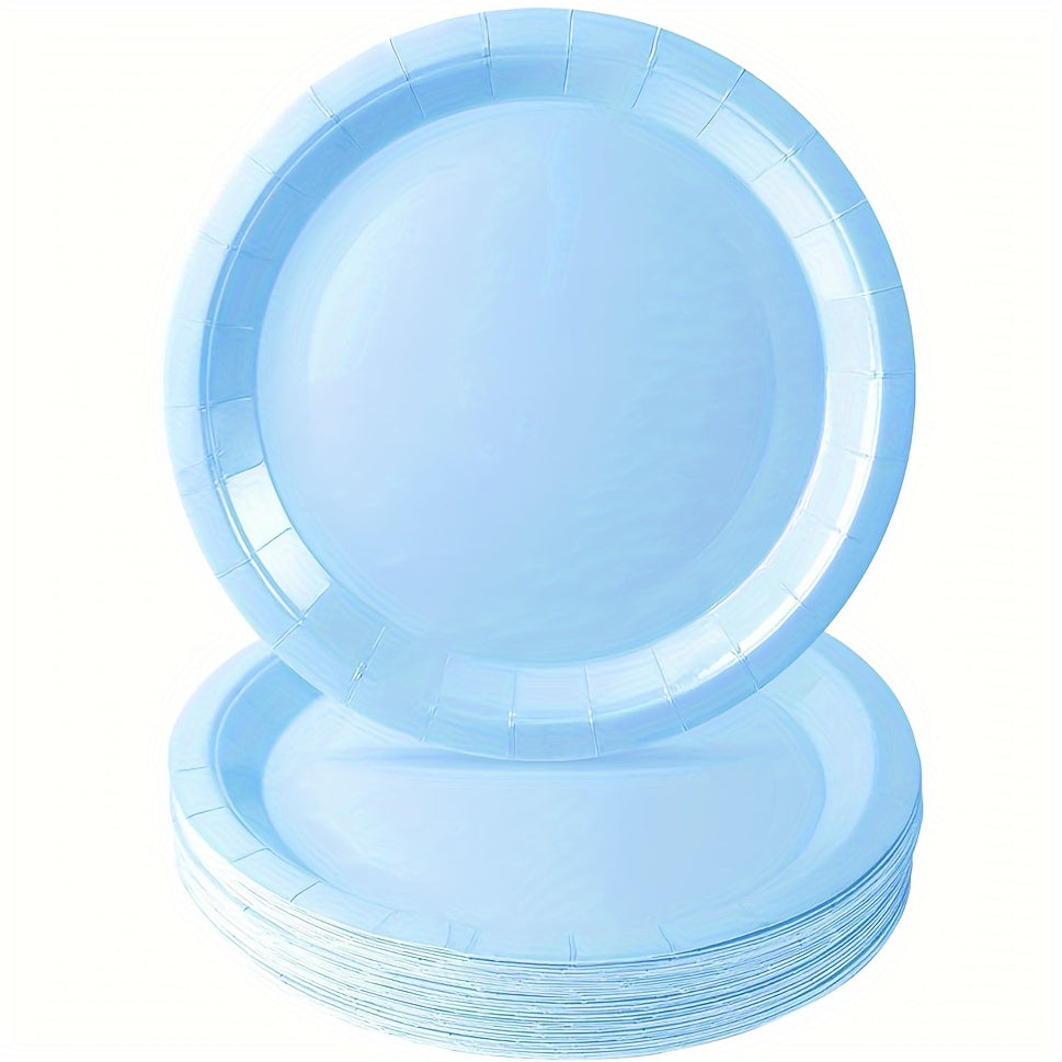 10 pieces or 20 pieces of light blue party supplies including blue paper plates, cups, and napkins. Perfect for blue showers, birthdays, weddings, parties, family picnics, and decorations. These disposable dinnerware items come in 17.78cm and 22.86cm