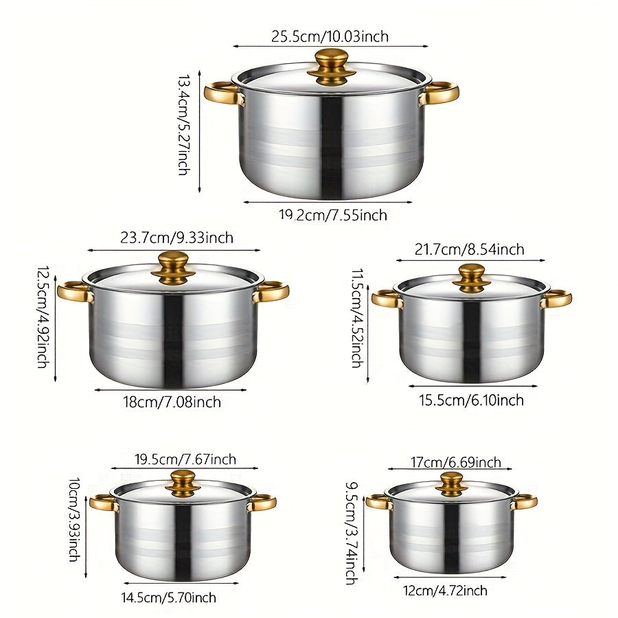 10-piece stainless steel pot set with sizes ranging from 18.01 cm to 26.01 cm. Includes 5 cooking pots and 5 lids with double handles. Ideal for home and restaurant cooking, suitable for