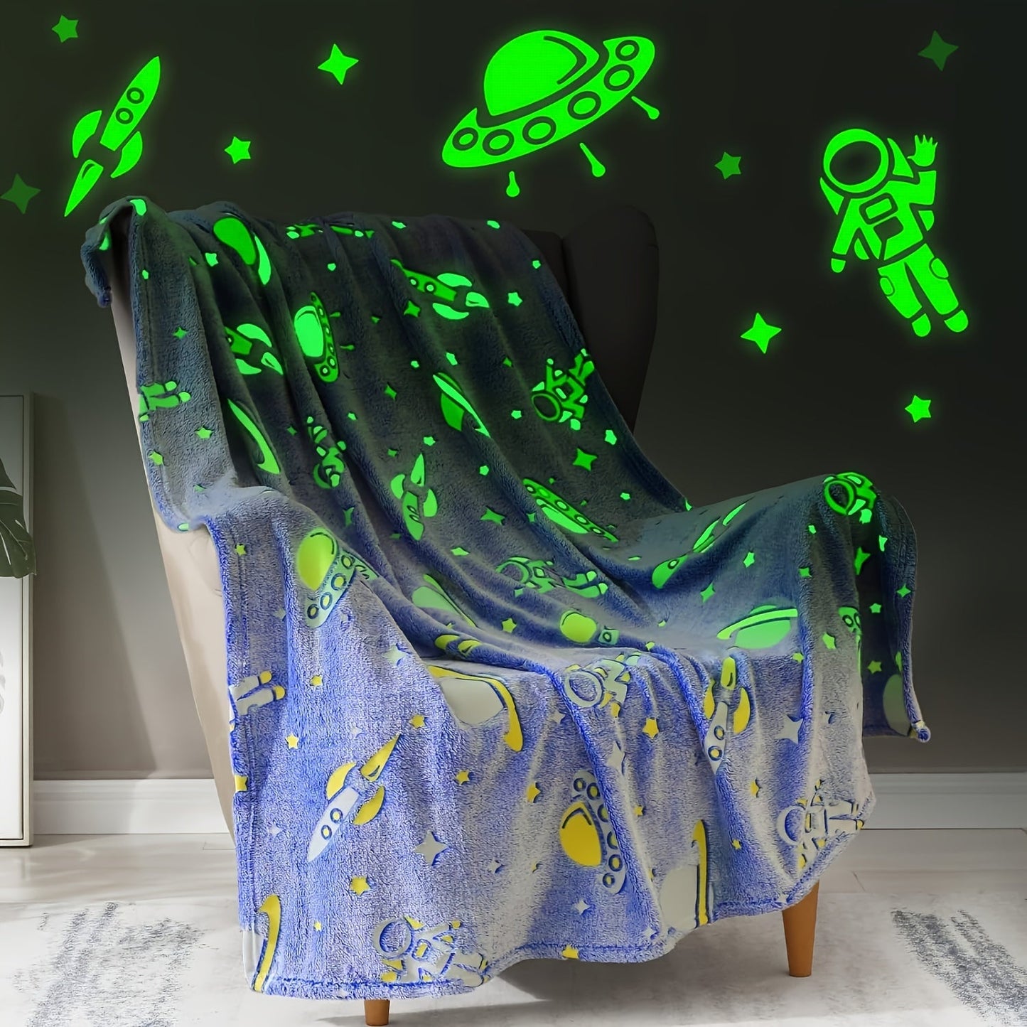 Get your hands on the Galactic Softness, Glow-in-the-Dark Astronaut Flannel Throw Blanket. Ideal for staying cozy and warm on the couch, bed, car, or at the office. Makes a perfect birthday gift for both youngsters and adults.