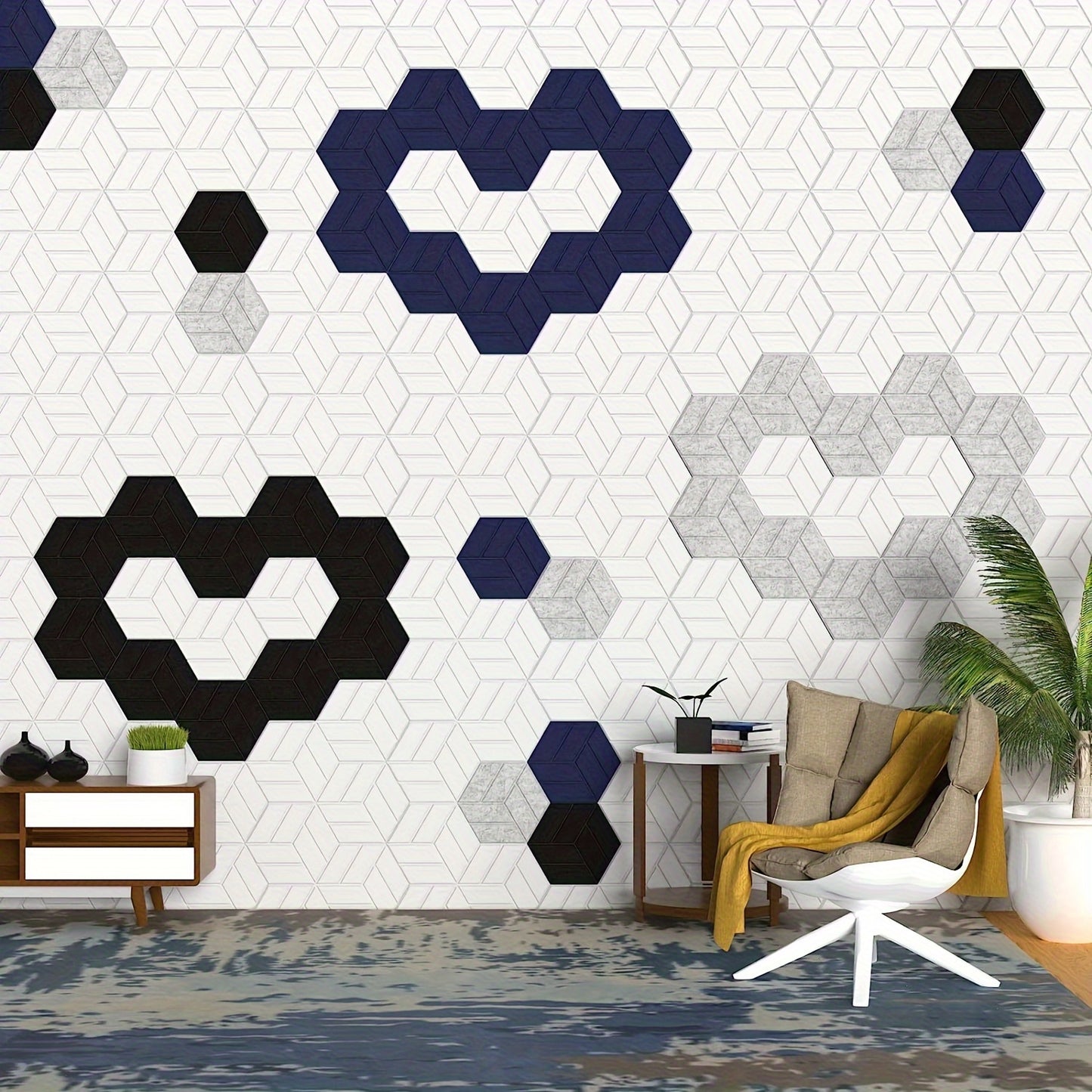 12pcs Hexagonal Acoustic Panels - self-adhesive soundproof wall treatment with beveled edges, for home studios and offices.