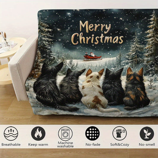 Soft and cozy Merry Christmas dog print flannel fleece throw blanket perfect for all seasons. This machine washable and breathable blanket is made of 200-250g polyester that is fade-resistant. With a contemporary style, this multi-purpose bed cover can