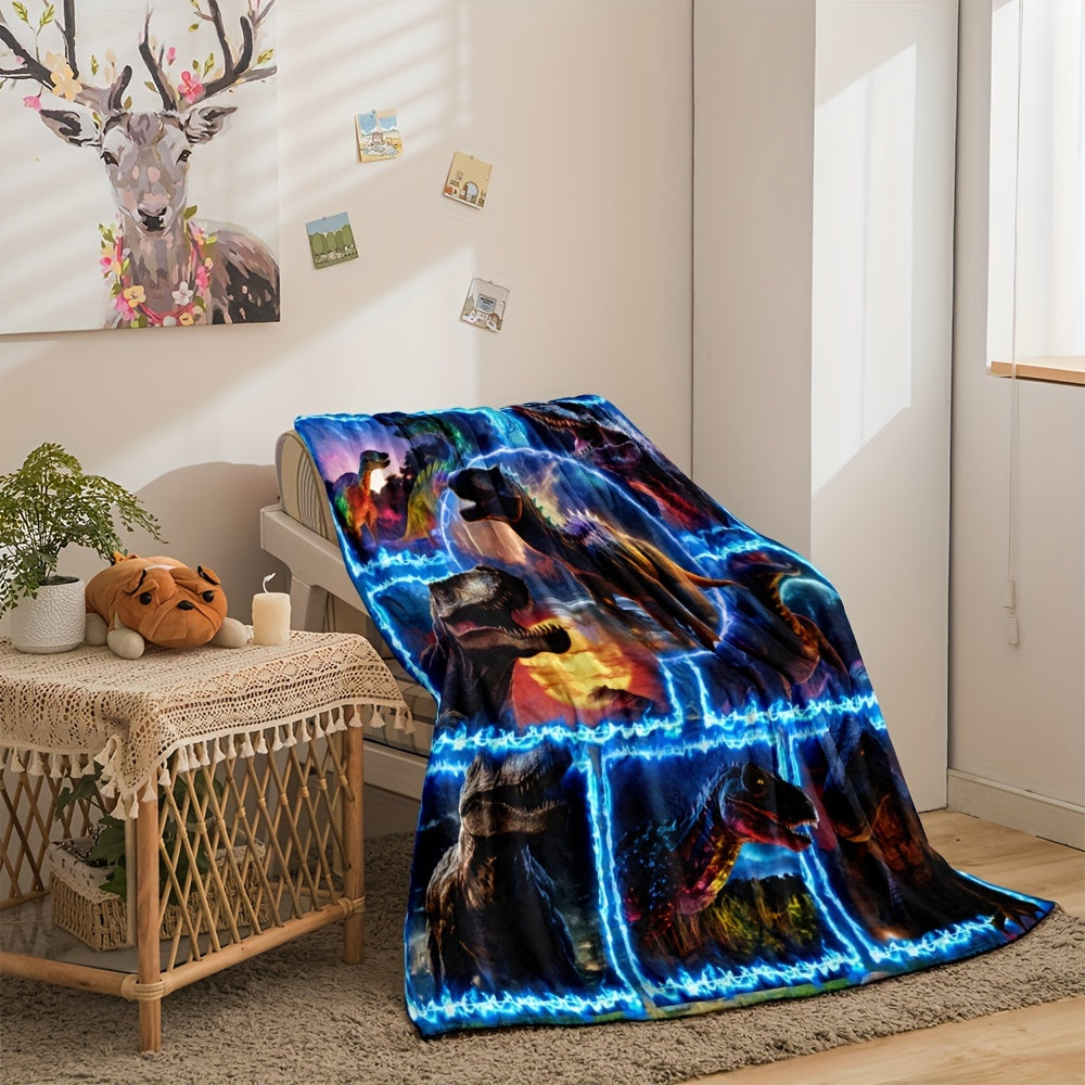 Lightweight and cozy 3D dinosaur blue flame splice print blanket made of soft and warm flannel fabric. Perfect for use in the sofa, bed, living room, office, couch, travel, camping, and as a gift for family or friends. This digital printing fleece