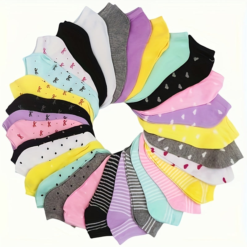 20 women's ankle socks in candy-colored heart and stripe patterns made of breathable polyester blend with ribbed detail, suitable for everyday casual wear.