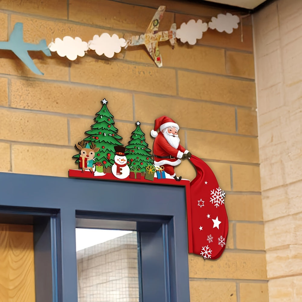 Rustic Christmas door decoration featuring Santa Claus, Snowman, and Reindeer. Perfect for indoor spaces, no electricity required. Great holiday gift idea.