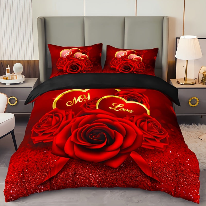 Set the mood for romance with this 3-piece Romantic Red Rose Love Floral Letter Duvet Cover Set, including 1 duvet cover and 2 pillowcases (pillow inserts not included). Featuring Valentine's Day HD printing, this bedding set is perfect for adding a