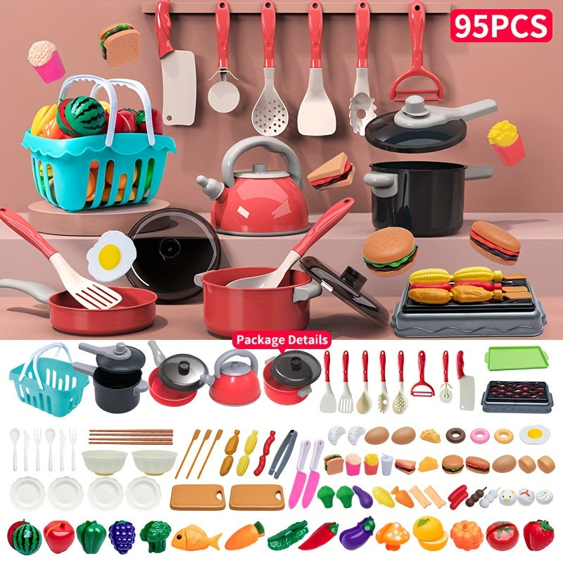 32/65/87/95pcs Kids Kitchen Play Set - Pretend Play Cooking and Serving Toy with Fruits, Vegetables, Utensils - Colorful Role-Play Gift for Boys and Girls