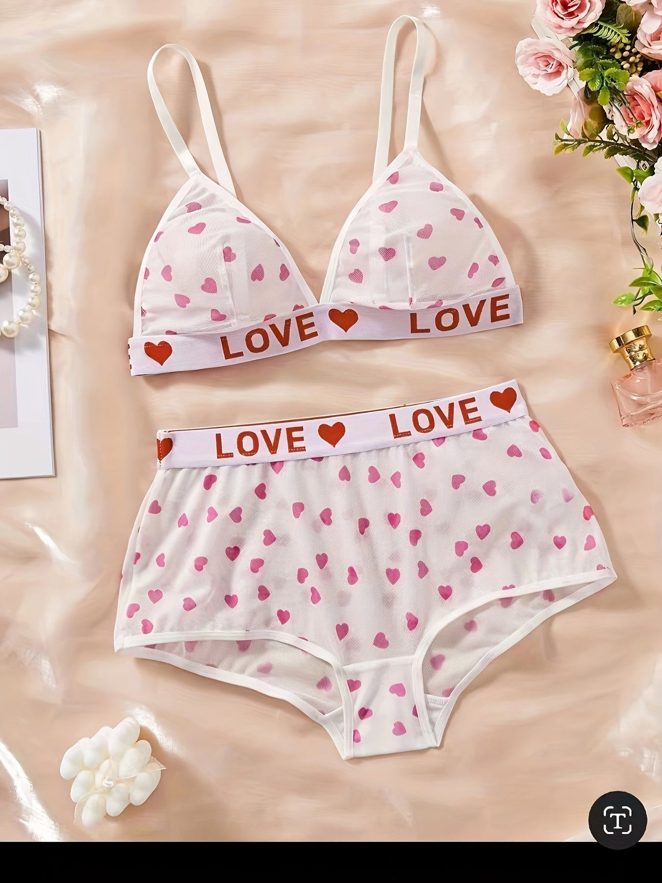 Spaghetti Strap Heart Letter Lingerie Set, Sexy Women's Intimates