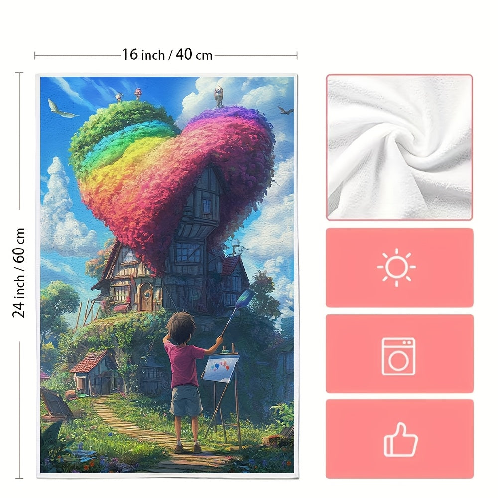 Set of 2 Kitchen Towels with Ultra Soft Anime Boy Painting Heart Shaped House, Rainbow Roof Design, Highly Absorbent Dish Hand Towels for Holiday Decor, Machine Washable, 16x24 Inch - Item Number 2KYSYS1215117