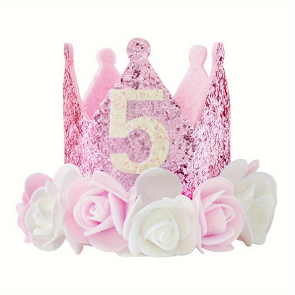 Pink and white flowered birthday crown hats for ages 1-5 with pink sequins.