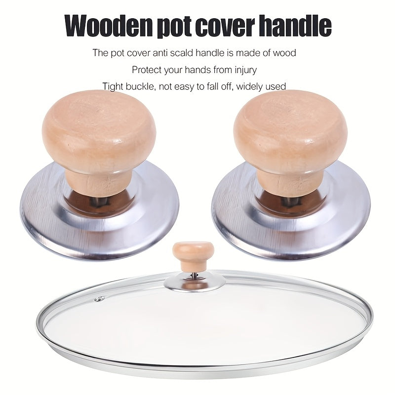 Set of 4 Stainless Steel Pot Lid Handles with Wooden Knob, Single-Hole Kitchen Cover Cap Accessory, Heat-Resistant Cookware Tops - No Electricity Required for Kitchen Use