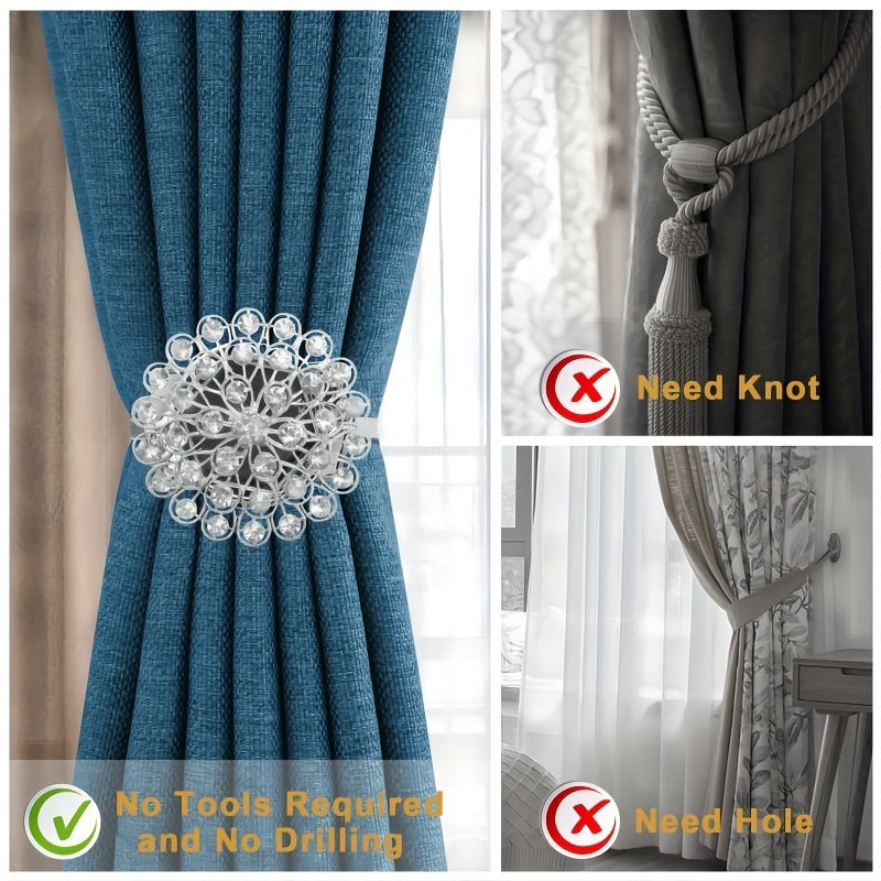 Decorate your home or office with a magnetic strip for curtains featuring a dazzling crystal flower tieback that includes a high elastic spring wire.