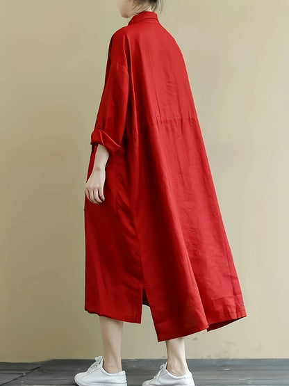 Plus Size Red Linen Shirt Dress for Women with Button Details