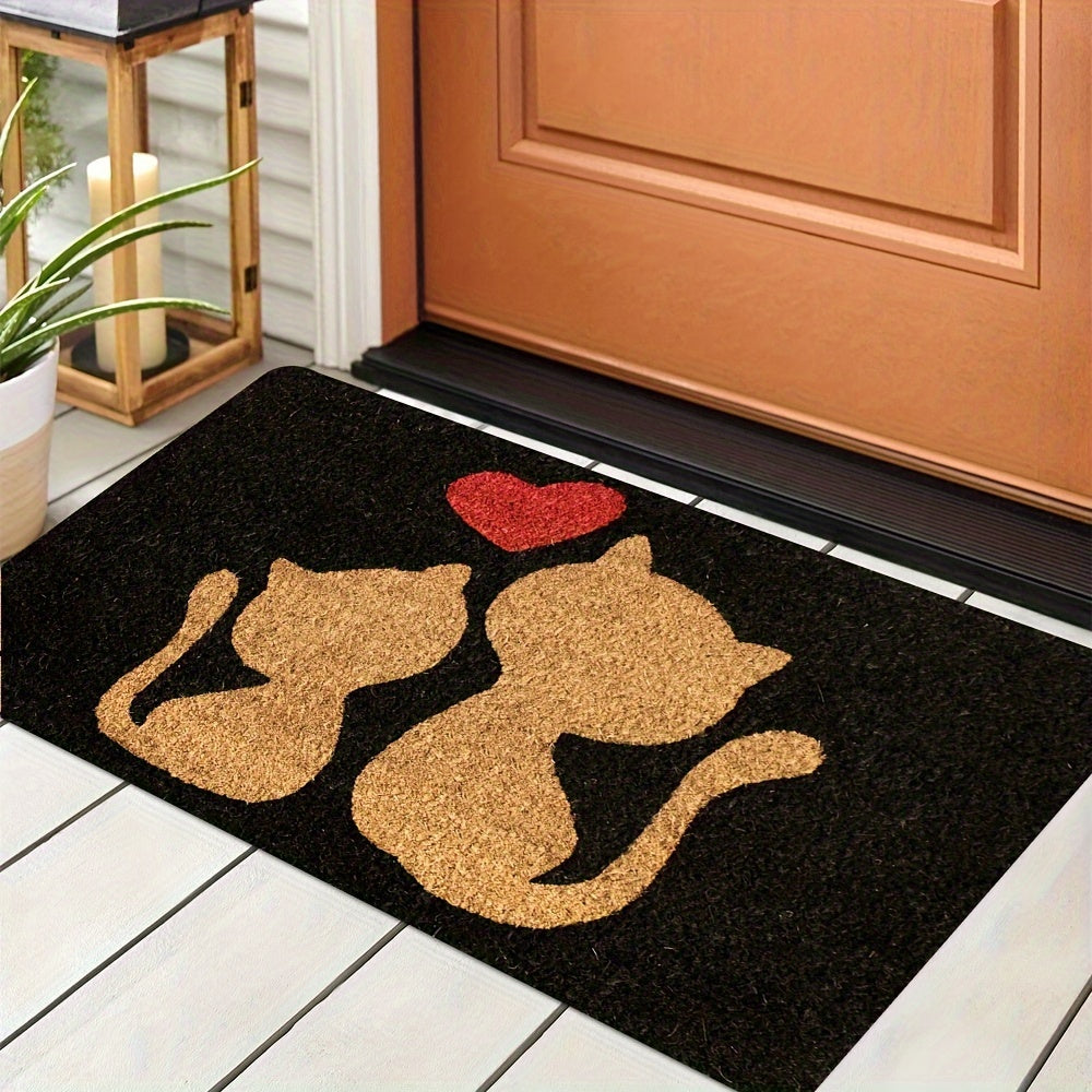 Heart Design Doormat with Cute Cat - Easy to Clean, Machine Washable, Stain Resistant, Polyester Rectangular Rug for Bedroom and Farmhouse Entryways.