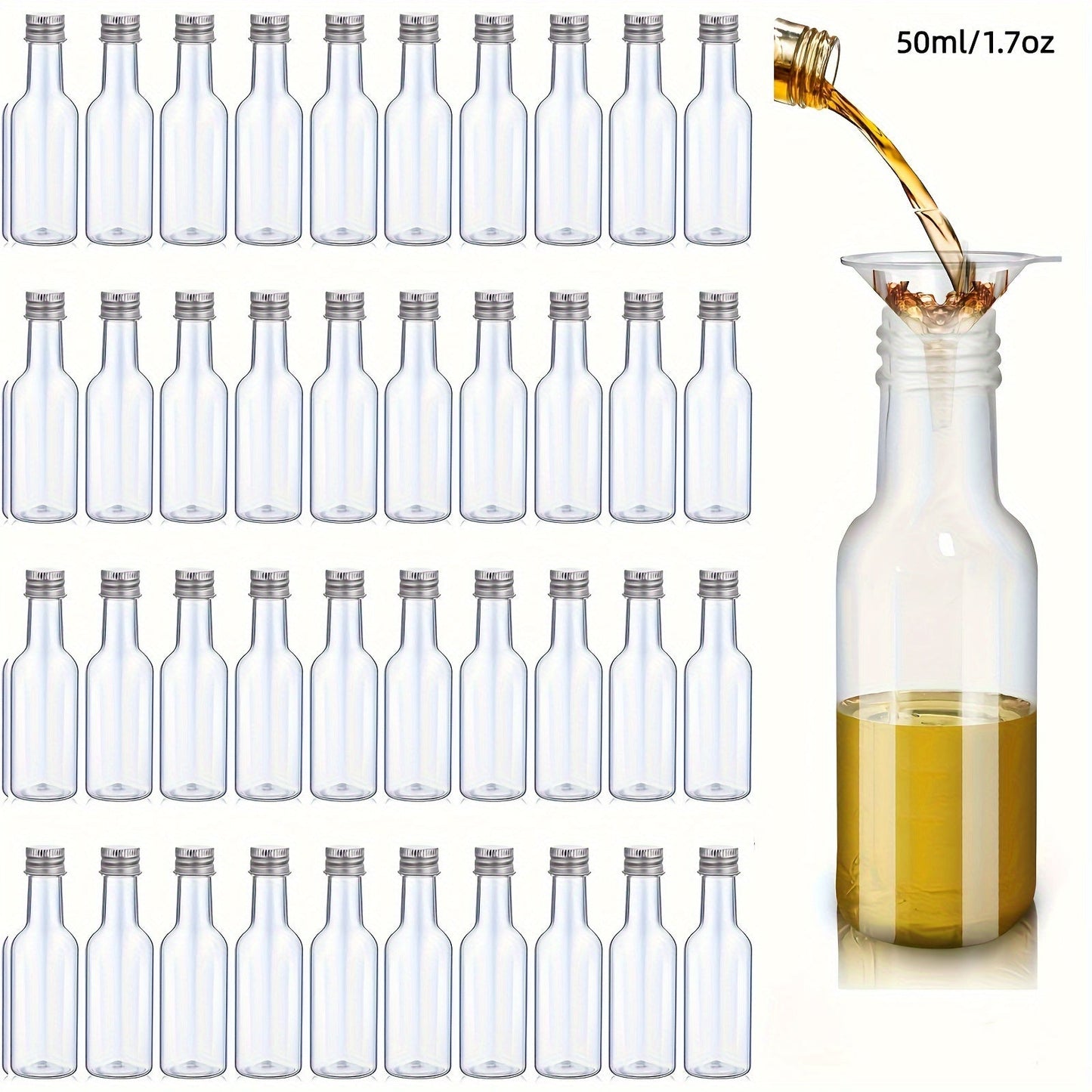 Set of 50 or 100 Mini Liquor Bottles, 25ml (0.85 Fl Oz) PET Plastic Bottles with Black Screw Cap, Includes Liquid Funnel for Simple Filling - Perfect for Miniature Juice, Schnapps, and Vinegar Bottles at Weddings and Parties, Reusable and Convenient