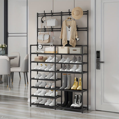 4 to 5 tier coat rack made of carbon steel that can be used for various purposes. It is spacious, measuring 170.18cm, and can be used to organize clothes and shoes. Available in black or white, and is easy to assemble.