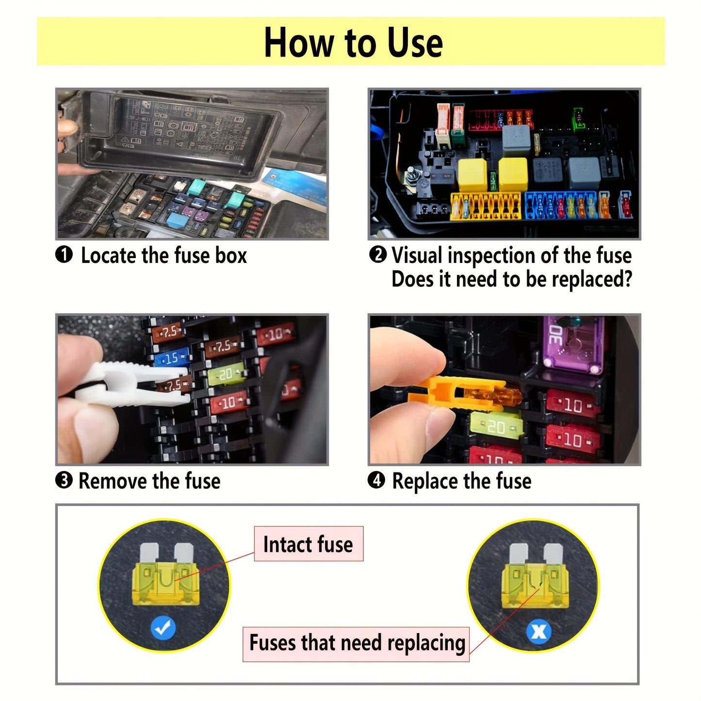 Car blade fuse assortment kit with multiple specifications ranging from 2A to 40A, suitable for various vehicles. Includes a box for storage.