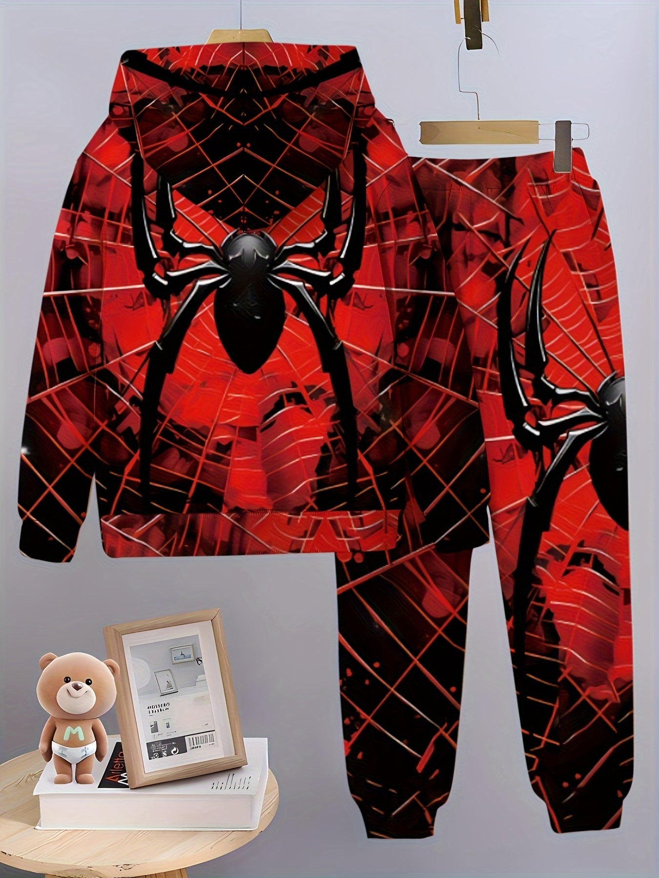 Spider Hero 3D Digital Print Hooded Sweatshirt & Pants Set for Boys, Comfortable and Versatile for Outdoor Wear in Autumn and Winter.